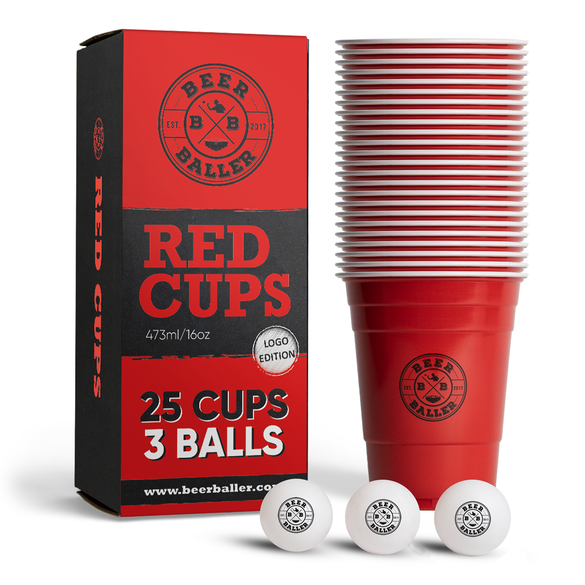 BeerBaller® Beer Pong Becher Set (25x inkl. 3 Bällen)
